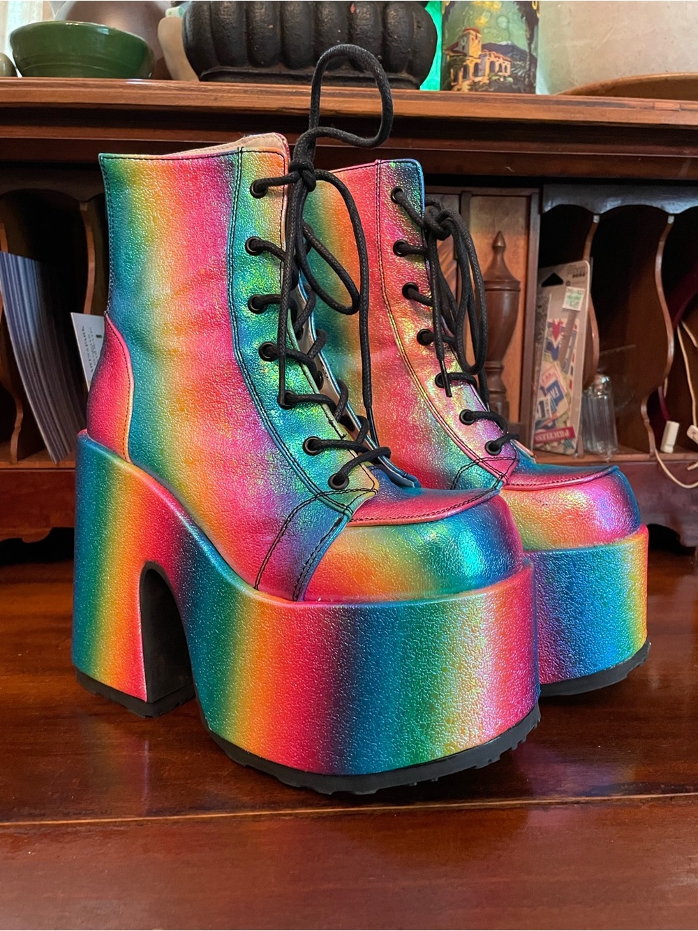 Demonia Rainbow Iridescent Platform Lace-Up Boots